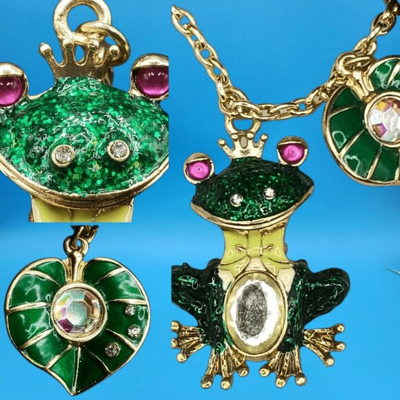 Frog Prince with Lily Pad Necklace Enamel Rhnestone Gift Boxed Green Pink Eyes - Picture 3 of 7